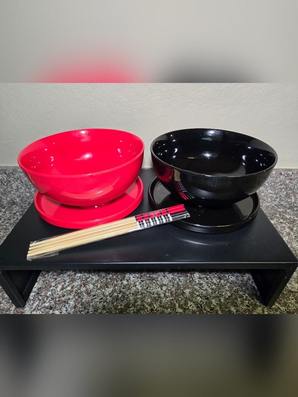 Red and Black Ramen Bowls with Chopsticks